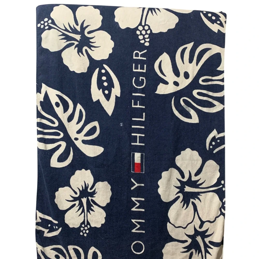 Tommy Hilfiger Beach Towel Navy White Floral Hibiscus Cotton 34x60 Logo Flaw